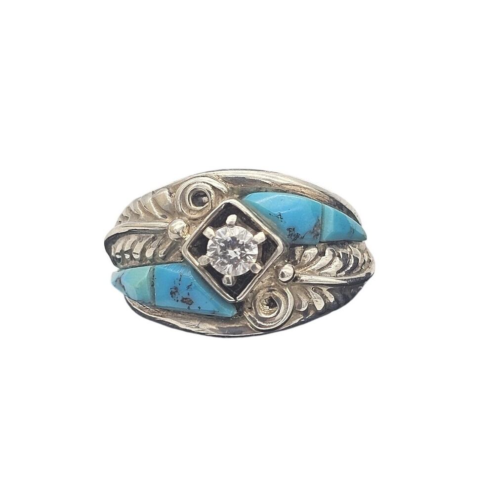 VTG Carolyn Pollack Relios Sterling Silver CZ Turquois Feather Ring Size 7
